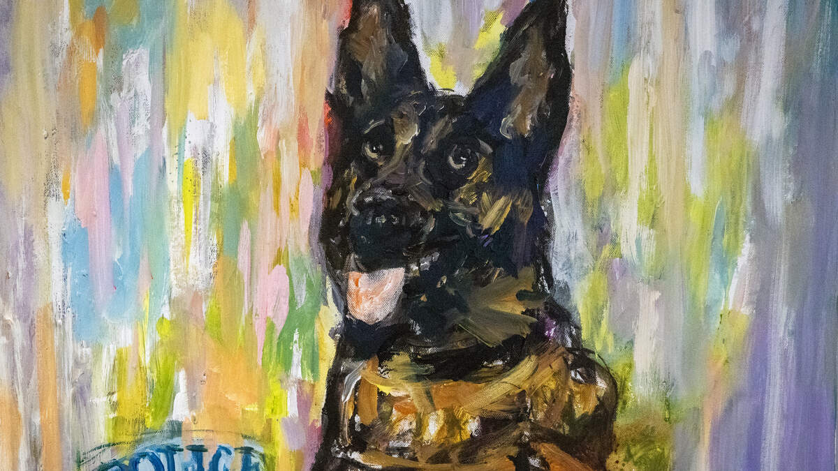 Columbus artist Randy Nguyen gifted this painting of K9 officer Havoc to the Columbus Police Department at a June 29, 2026, news conference in the Public Safety Center. Prints of this portrait are now on to help pay for Havoc’s recovery from a shooting.