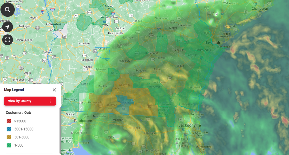 Power outages in Southern Georgia top 15,000 by 11 am on Monday morning from Hurricane Debby.
