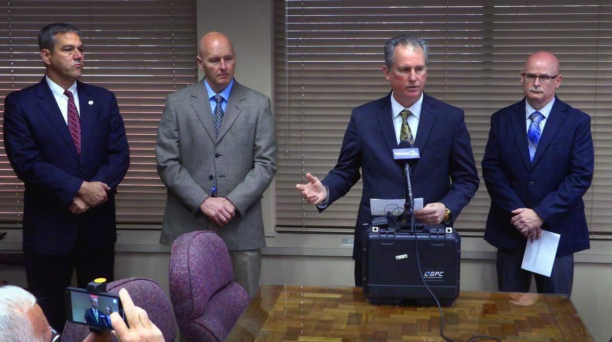 Phenix City Police Chief Ray Smith, second from right at podium, asks for the public’s assistance Monday morning during a press conference about the fatal shooting of two men Saturday afternoon along the Riverwalk in Phenix City, Alabama. 12/05/2022