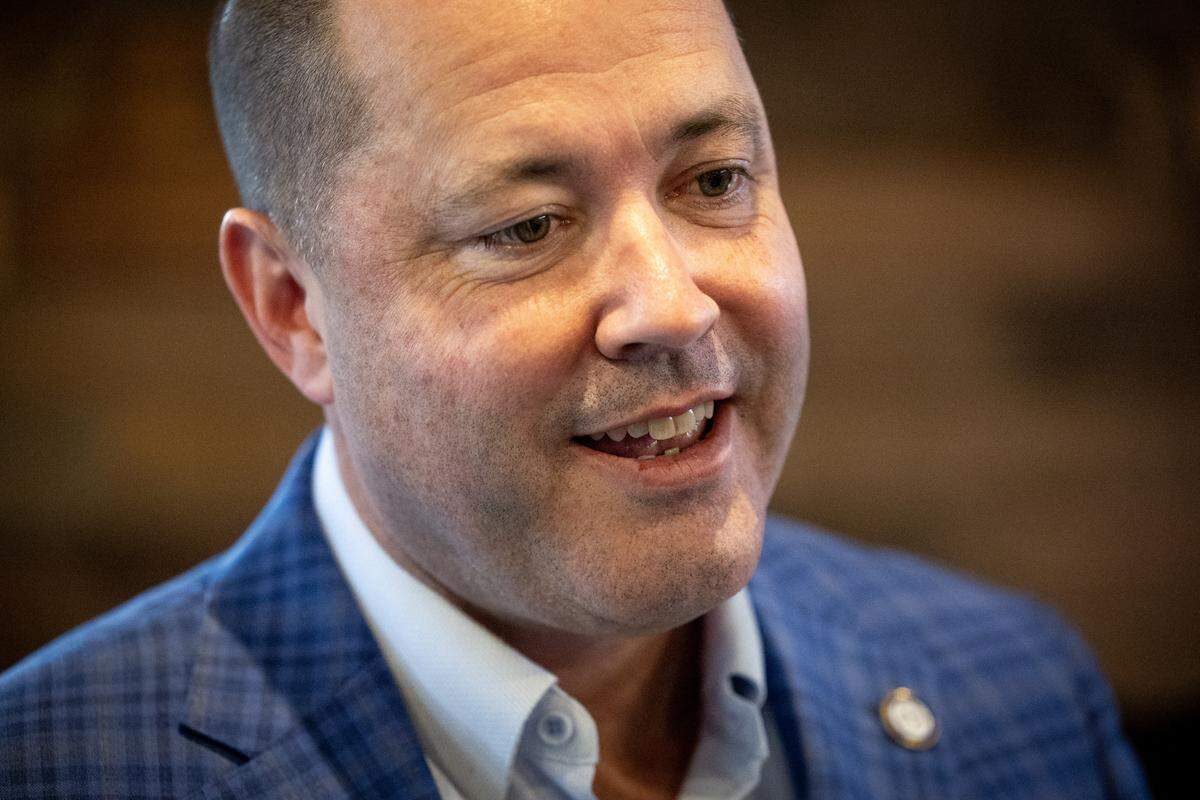 Georgia Attorney General and Republican gubernatorial candidate Chris Carr makes a campaign stop May 13, 2026, in Columbus at The Office Sports Bar & Grill.