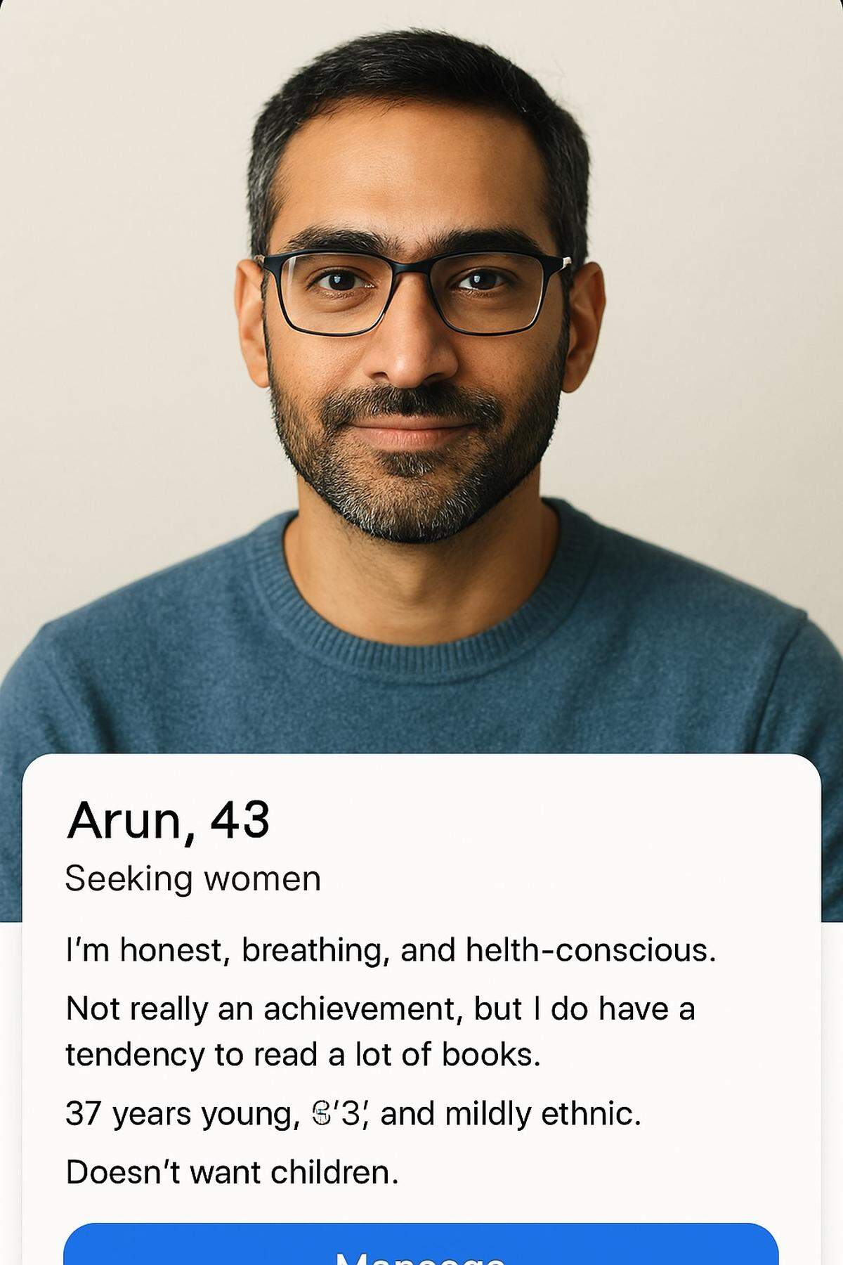 Meet Arun, an AI-generated possible match. (Spelling mistakes included)