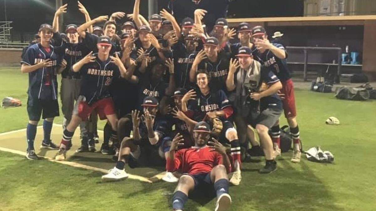 The Northside High School baseball team celebrates its doubleheader sweep at Cartersville on Wednesday, May 9, 2019, to advance to the Georgia High School Association Class AAAA state semifinals for the first time in the school’s 17-year history.