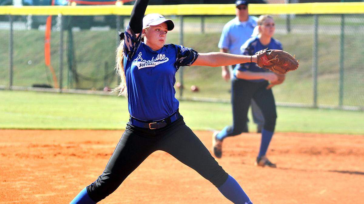 Brookstone's Helen Snavely pitching in the 7th inning of the game of the double header against Landmark Christian Wednesday afternoon at Brookstone