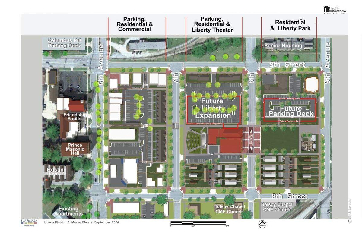 Later edits of the plan shown at the Feb. 26, 2025, meeting showed an expansion of the Liberty Theatre, detailing a 1,200-seat expansion and an outdoor amphitheater, toward Seventh Avenue and Eighth Street.