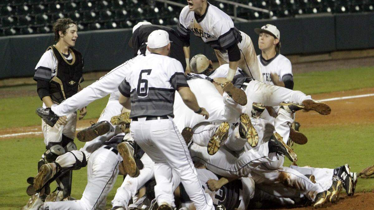 ROBIN TRIMARCHI rtrimarchi@ledger-enquirer.com 
 Smiths Station celebrates their two-game sweep of Thompson in the AHSAA Class 7A state championship series against Saturday at Riverwalk Stadium in Montgomery. 05.16.15