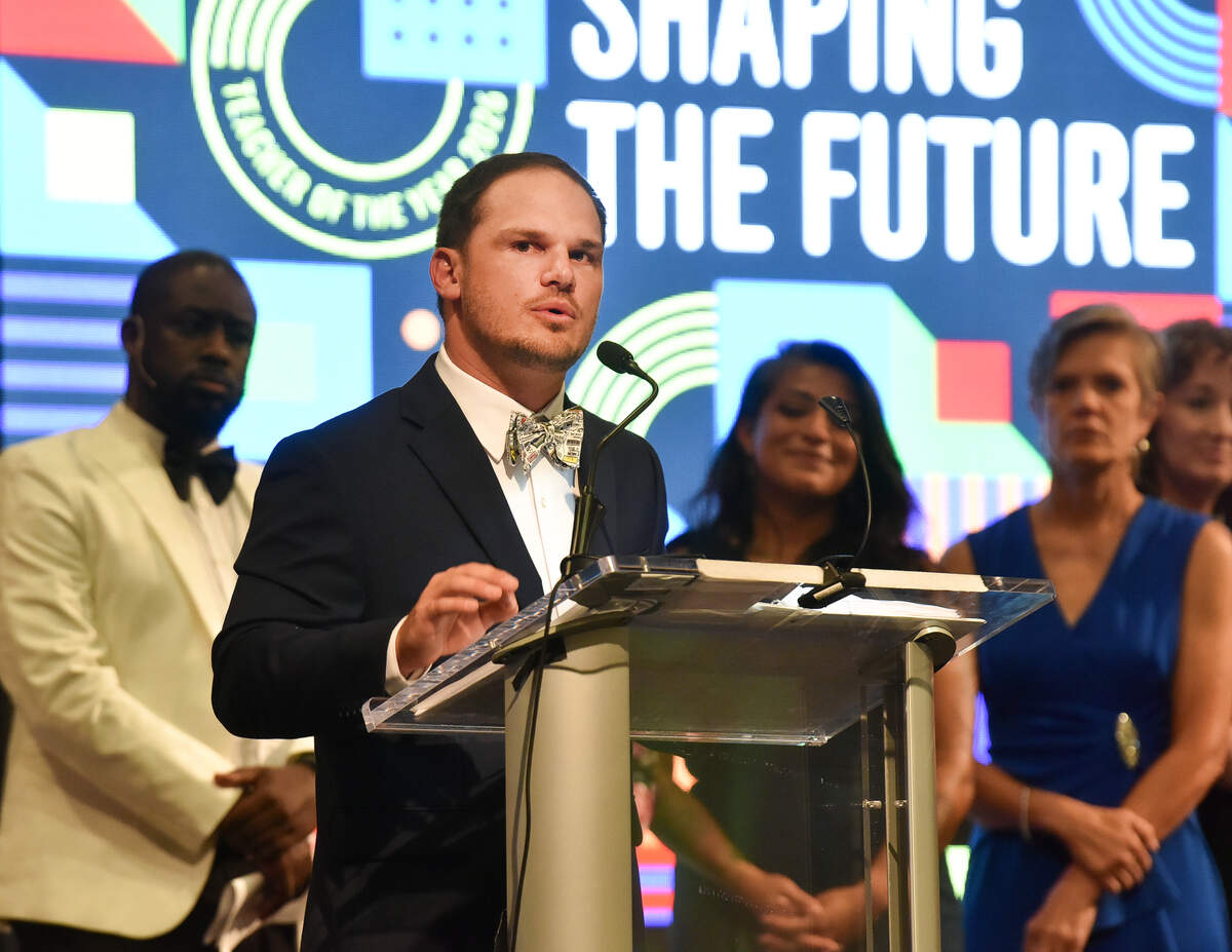 Clubview Elementary School physical education teacher Chris Grier delivers his acceptance speech after the Muscogee Educational Excellence Foundation announced him as the Muscogee County School District 2026 Teacher of the Year during MEEF’s gala May 7 at the Columbus Convention & Trade Center.