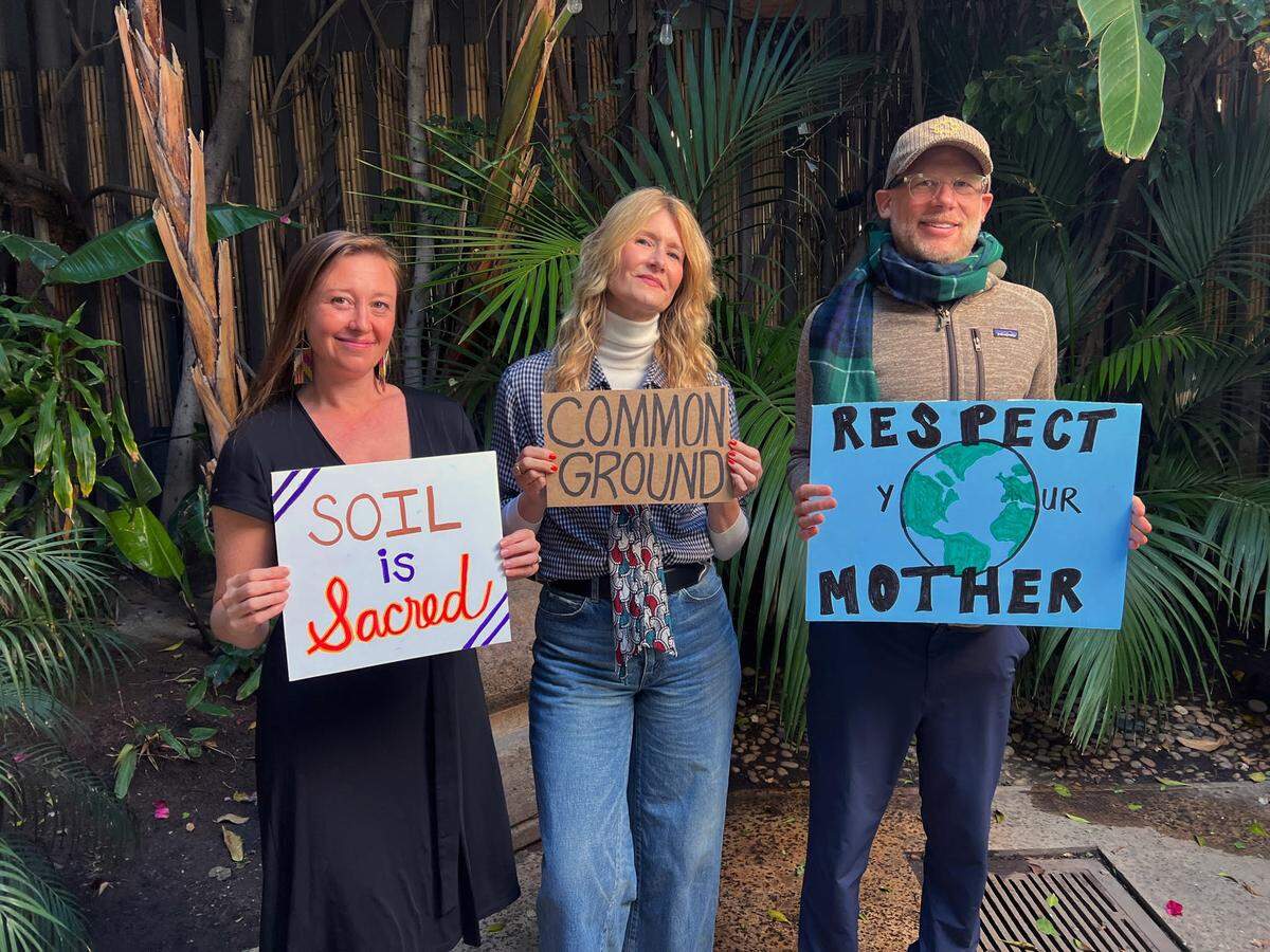 Laura Dern, center, a featured narrator in the documentary “Common Ground,” is photographed with Rebecca and Josh Tickell, the documentary’s directors and producers
