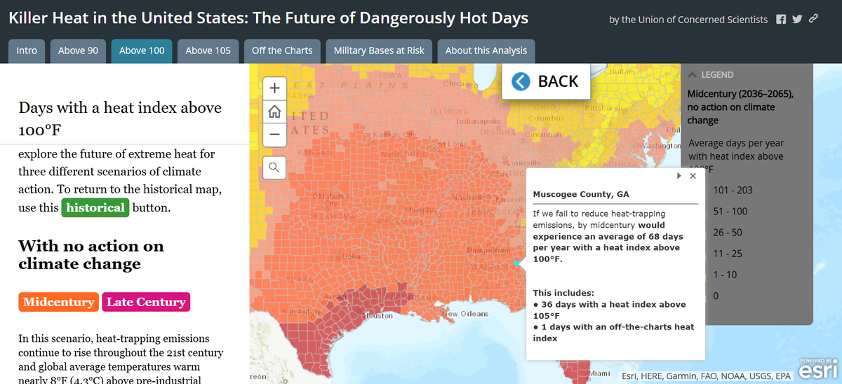 Screen grab from the Killer Heat interactive map showing a scenario of no climate action in Muscogee County. The number of days above 100 degrees F would increase to 68 per year starting in 2036.