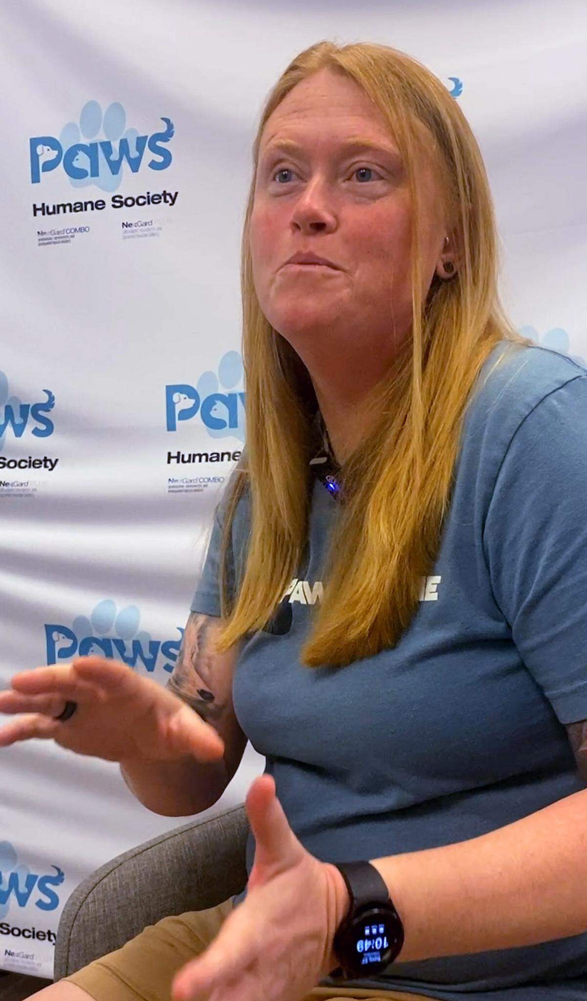 Courtney Pierce, executive director of Paws Humane Society in Columbus, talks about the challenges facing the organization. Paws has declared a state of emergency after reaching 547 animals in its care, with hundreds of other animals waiting to be surrendered. Paws is using temporary crates and is using some of its cat rooms to house dogs. 08/21/2025