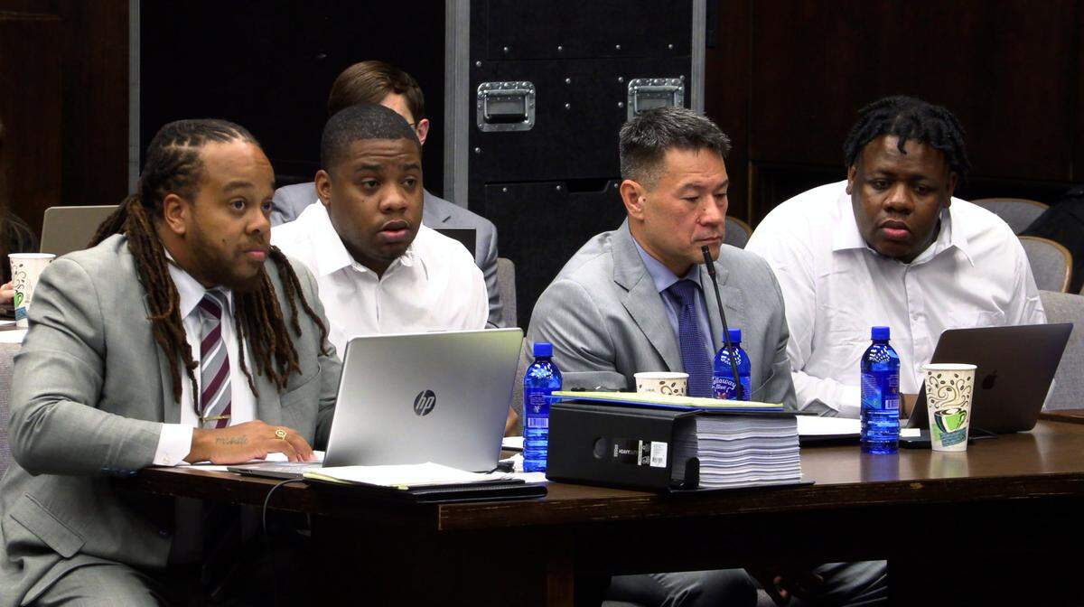 Defense attorney Shevon Thomas II, far left, is representing Terrance Upshaw, second from left. Defense attorney Allen C. Jones, second from right, is representing Rodderick Quaterrius Glanton, far right. 10/31/2023
