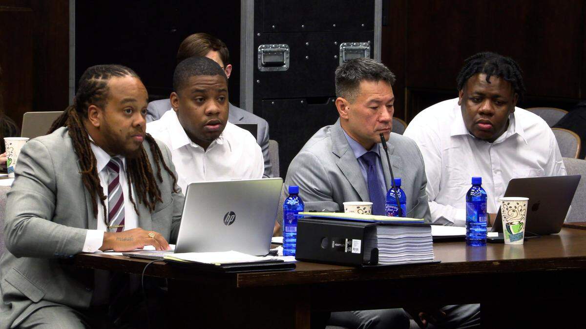 Defense attorney Shevon Thomas II, far left, is representing Terrance Upshaw, second from left. Defense attorney Allen C. Jones, second from right, is representing Rodderick Quaterrius Glanton, far right. 10/31/2023