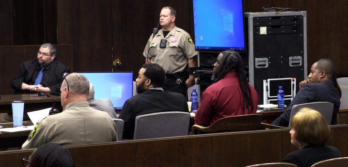 Jeffery “Red” Flakes Jr., center left, and Curtis “Baby C” Williams III, center right, listen Friday morning to closing arguments at their trial in Columbus, Georgia. 10/28/2022
