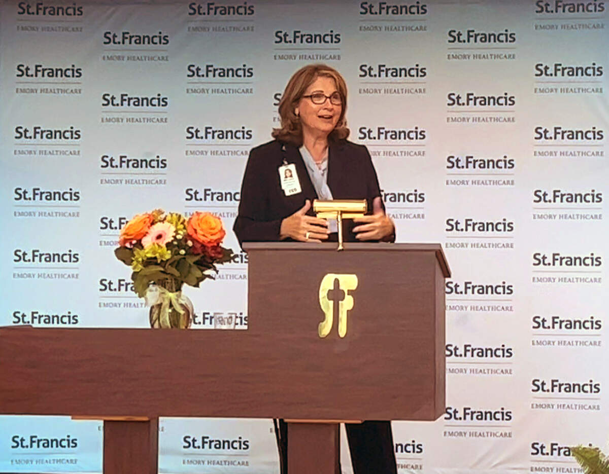 Melody Trimble, Chief Executive Officer at St. Francis-Emory Healthcare, speaks Friday afternoon during an event introducing and welcoming their first internal medicine resident class. 06/24/2022