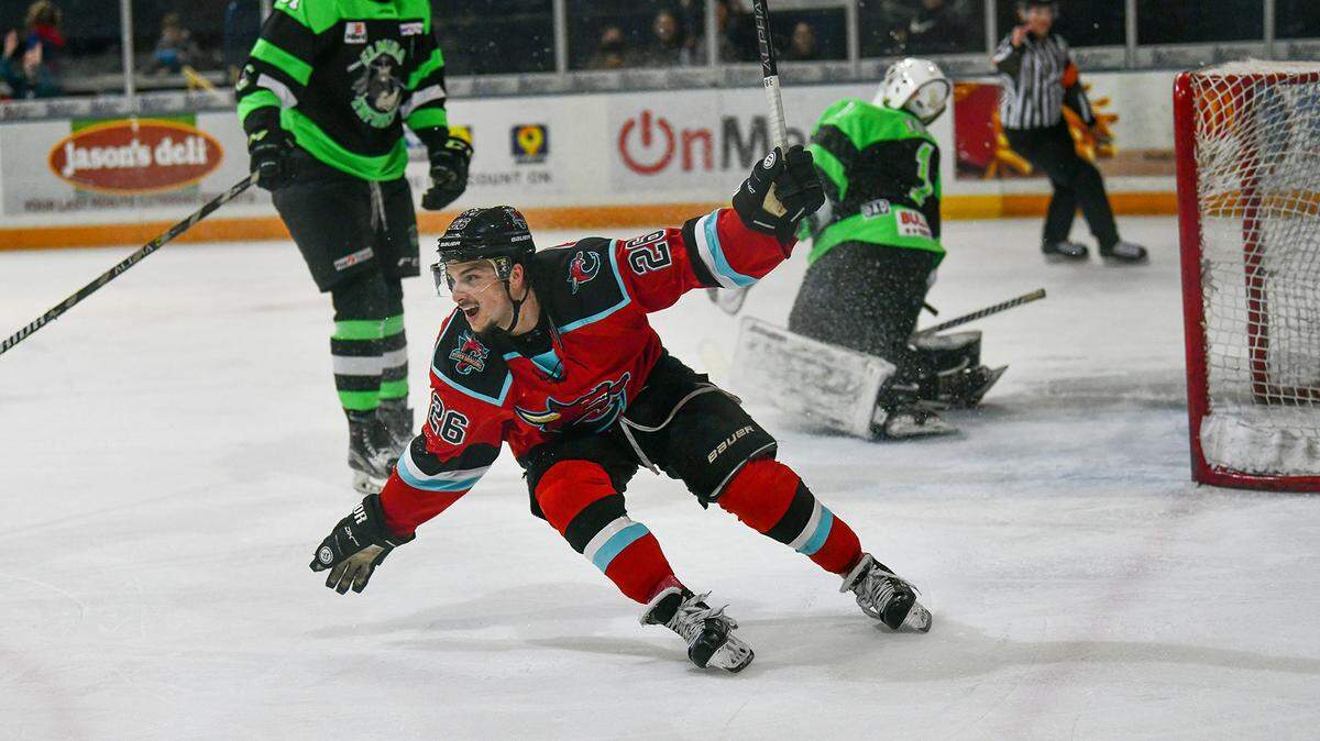 River Dragons’ Nick Mangone scores the seventh goal of the game against Elmira in game three of the Ignite Cup, Friday night, April 30, 2021