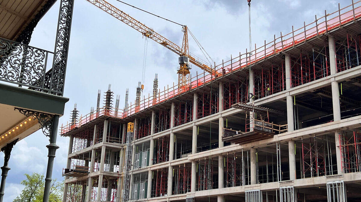 Construction crews work on the sixth floor of the new Columbus Judicial Center on May 1, 2025.