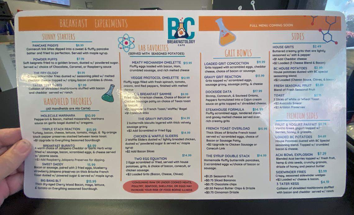 Here’s the menu at Breakfastology Cafe, 5156 River Road, Suite C, in Columbus.