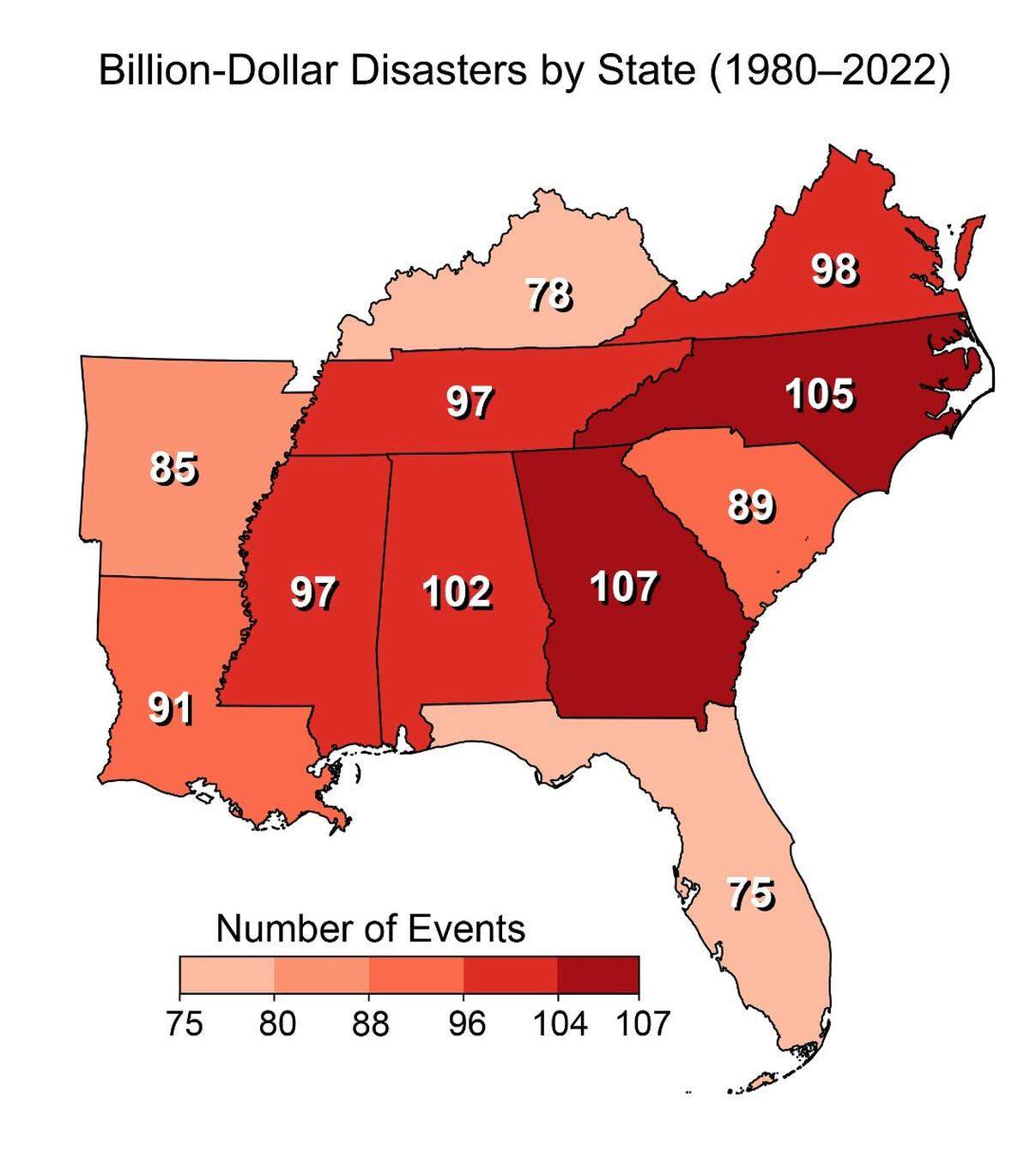 NOAA billion-dollar disasters by state during 1980–2022 in the Southeast. The map adds up billion-dollar events for each state affected.
