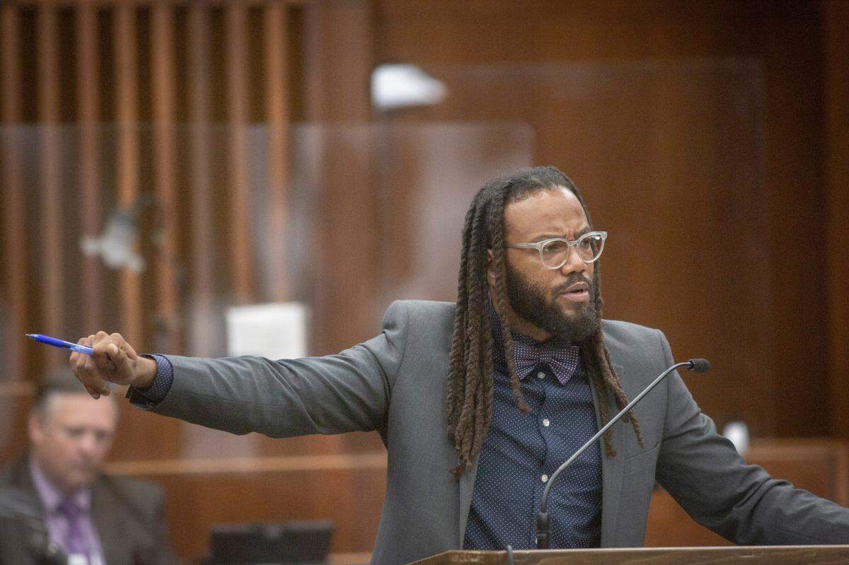 Defense attorney William Kendrick makes a closing argument at the Government Center in Columbus, Ga. on Jan. 6, 2022. Kendrick is representing Rushaun Burton on murder charges for the 2018 fatal shooting of Rashard Williams.