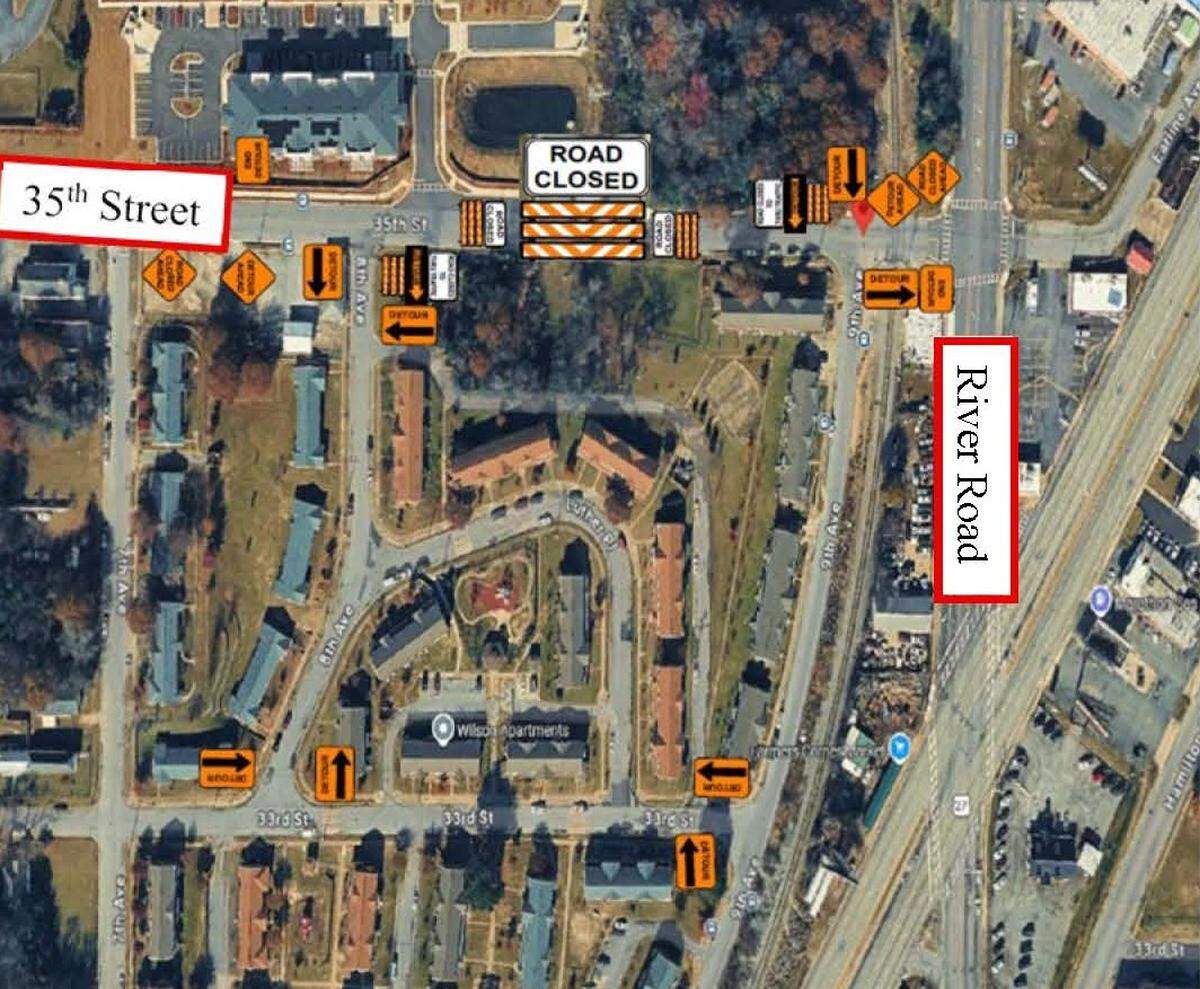 This map shows the detour route for drivers to navigate around the partial closure of 35th Street in Columbus, starting May 4, 2026, for an estimated 60 days.