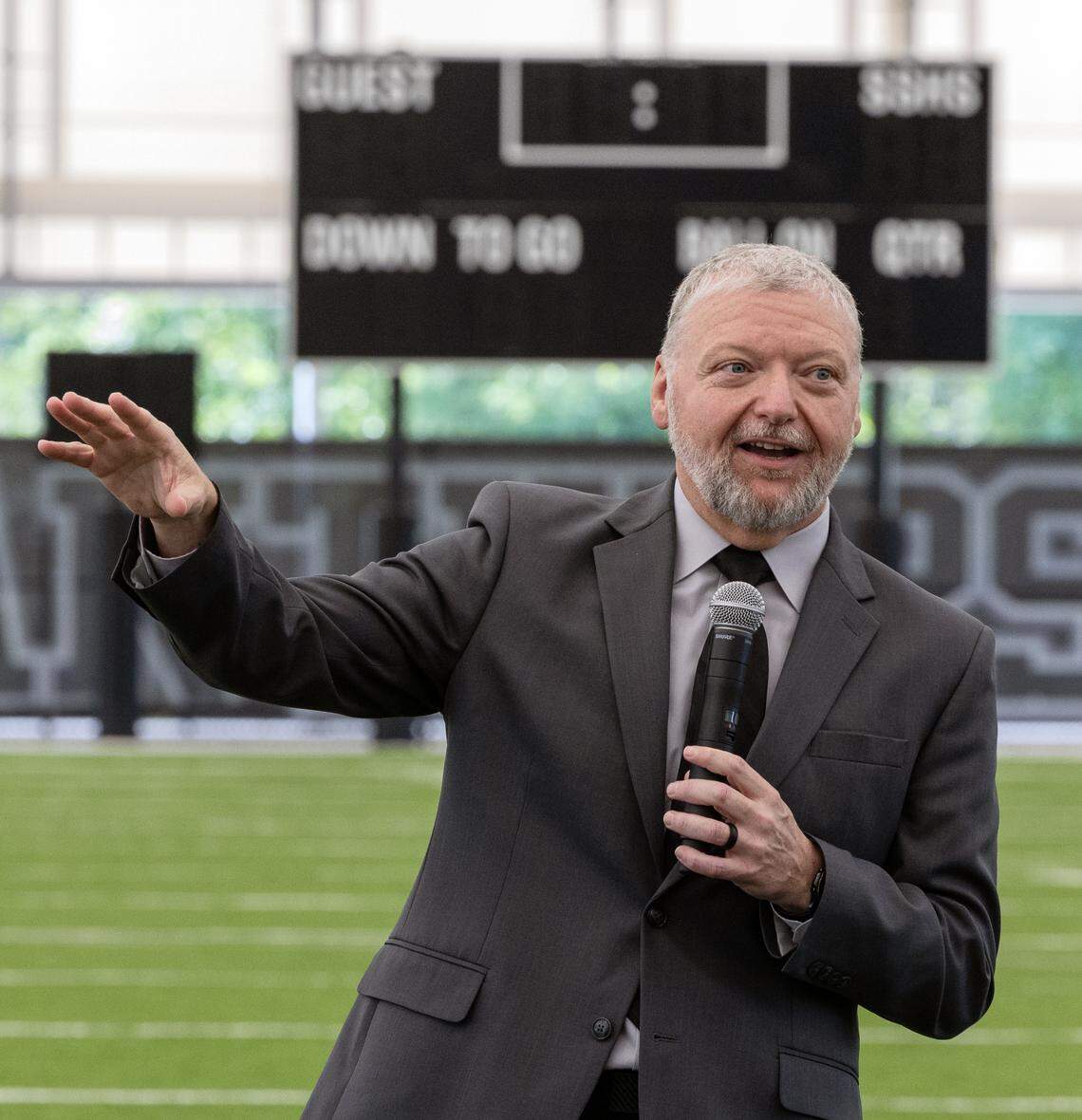 Mike Howard, superintendent of Lee County Schools, speaks during a ribbon-cutting ceremony April 17, 2026, to celebrate completion of Smiths Station High School’s new Indoor MultiPurpose Athletics Complex.