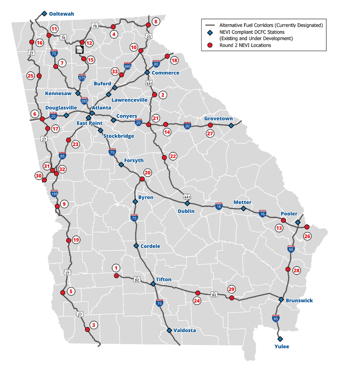 Direct current fast charger locations across Georgia as part of the NEVI program.