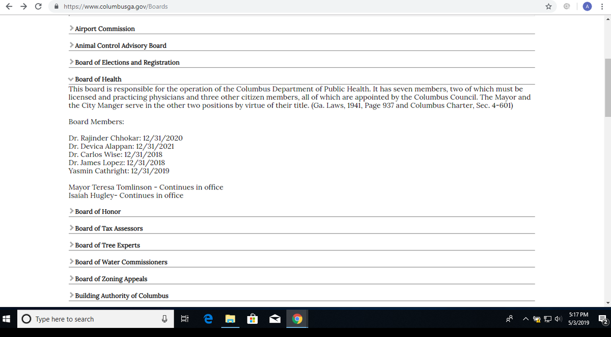 A screenshot from the city website on May 3 shows former Mayor Teresa Tomlinson still listed as a member of the Board of Health. The website also shows board members serving expired terms or terms that have not been updated.