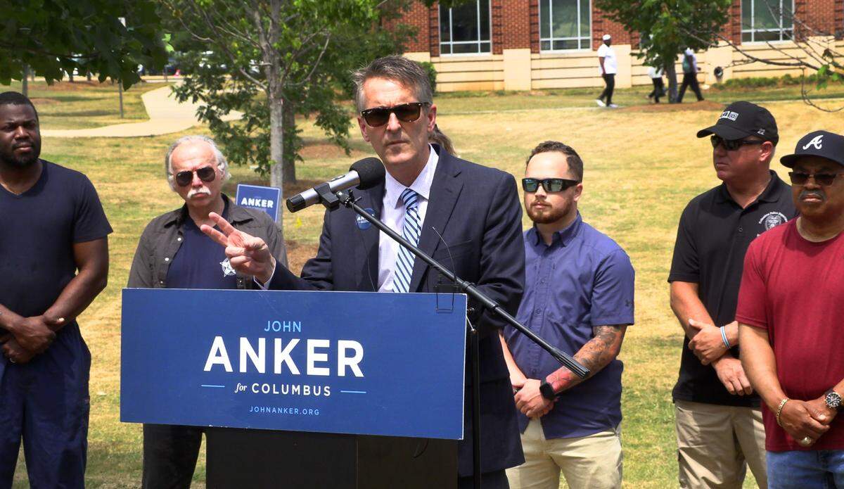 Columbus mayoral candidate John Anker speaks at a Wednesday afternoon event where the local Fraternal Order of Police announced their endorsement of Anker in the mayor’s race. 05/18/2022