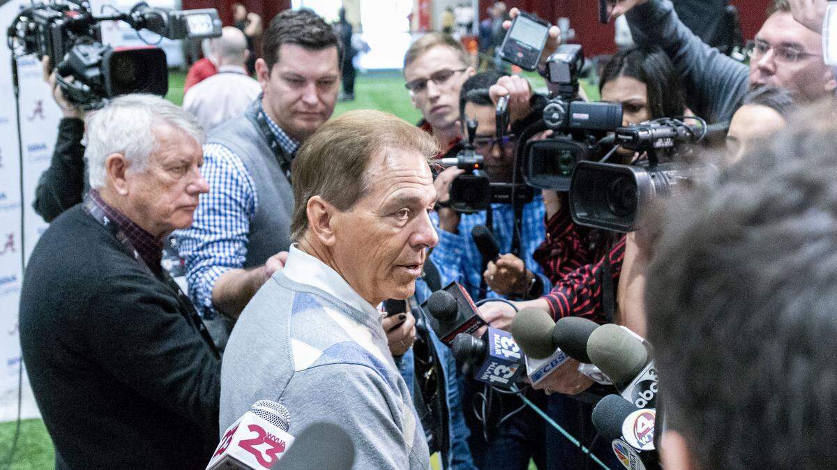 Alabama football coach Nick Saban talks with the media at Alabama’s NFL Pro Day, Tuesday, March 19, 2019, in Tuscaloosa, Ala.