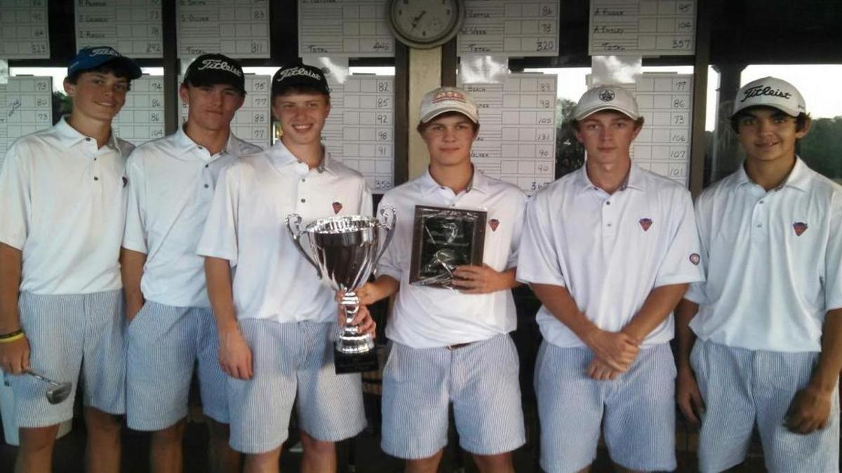 Rudy Pearson, Nolan Miller, John Calhoun, Jonathan Parker, Ben Carr and John John Runyon celebrate winning the Blue Devil Invitational in Tifton on April 4, 2017.