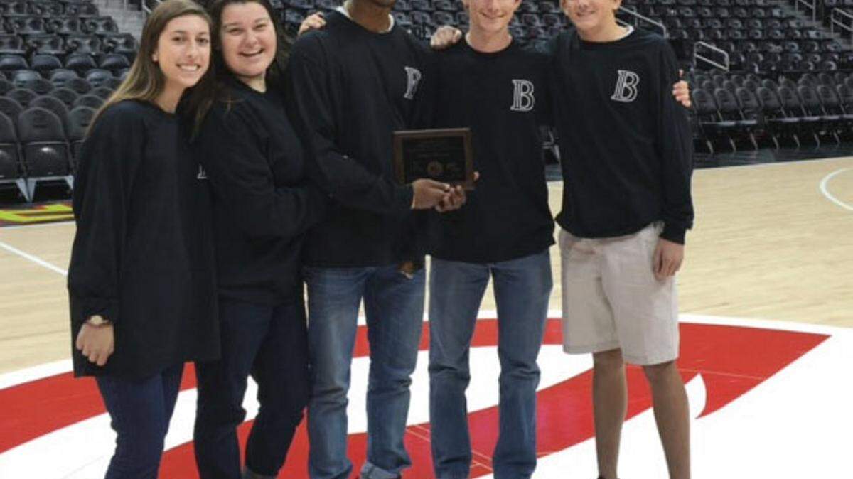 For the third year in a row, Brookstone's sports and entertainment marketing class won top honors at the Atlanta Hawks Sports Marketing Competition. The class, from left, Rachel Hemmings, Anna Rose Goldman, Wesley Tillman, Fate Amos and Jack Jenkins, brought home the $2,500 grand prize, as well as the $500 1st place prize for their social media marketing campaign and 2nd place for concert promotion. More than 100 schools from Georgia, Alabama and South Carolina submitted presentations. The Hawks organization chose the top 5 schools to present their marketing plans at Philips Arena. Not pictured are Batten Caves, Jack Ferguson, Ralph Leary, Will Haugen, Richard Swift and Culver Norred.