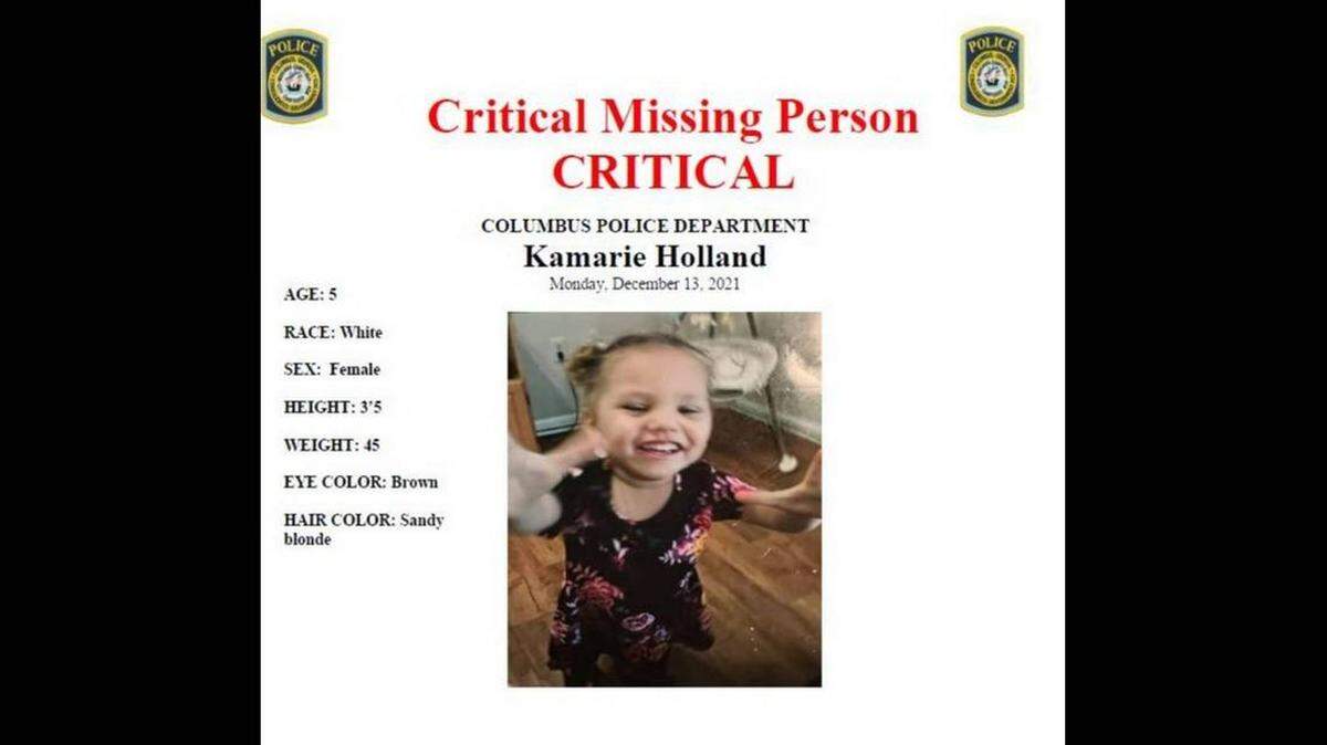 This is the “Critical Missing Person” alert the Columbus Police Department sent the morning of Dec. 13, when 5-year-old Kamarie Holland was reported as missing.