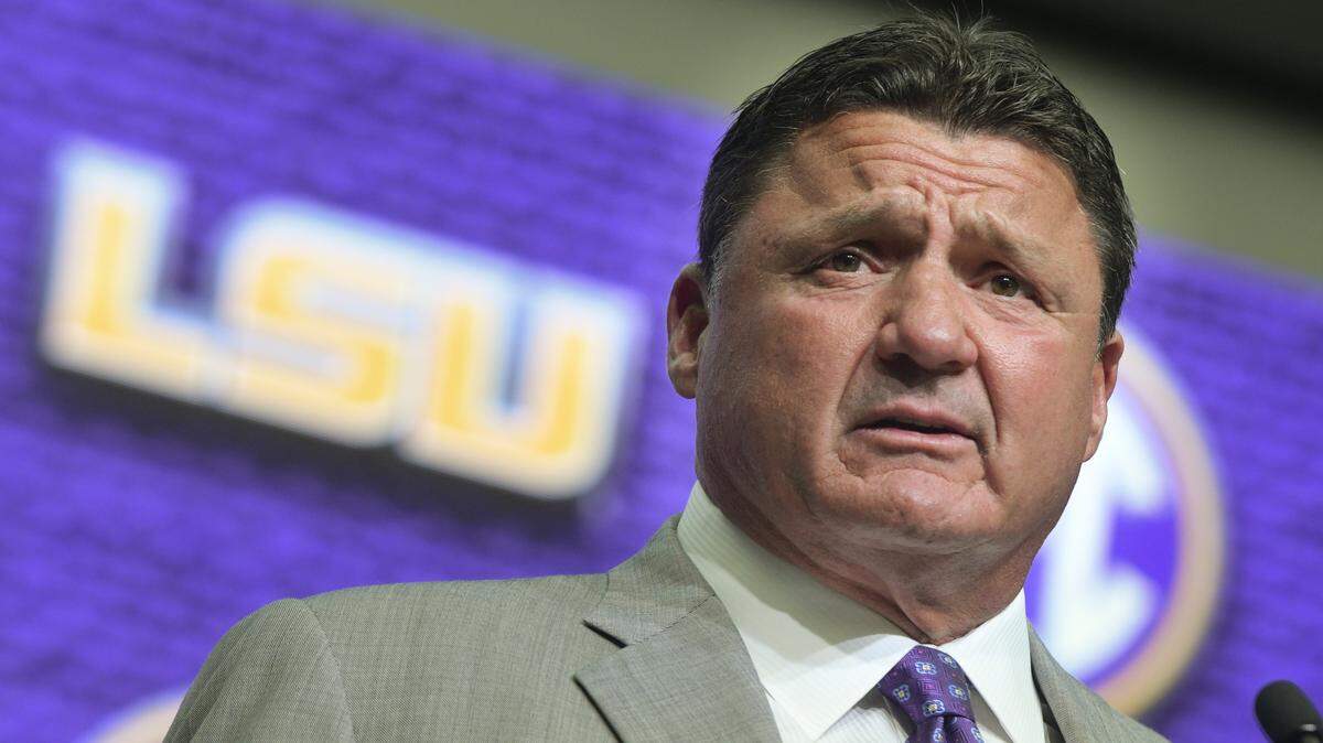LSU head coach Ed Orgeron speaks during NCAA college football Southeastern Conference media days at the College Football Hall of Fame in Atlanta, Monday, July 16, 2018