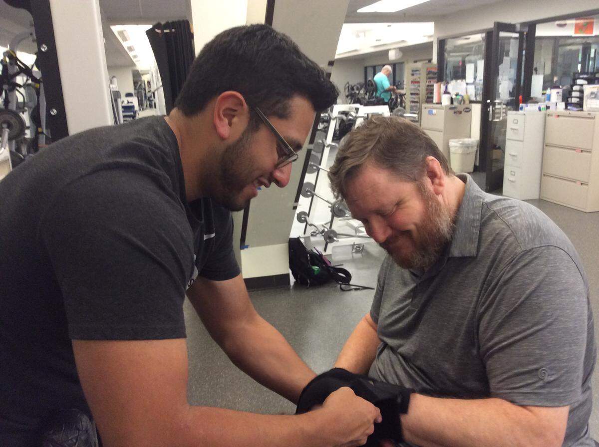 Columbus chef and restaurateur Mark Jones doing upper body workouts at the Shepherd Center in Atlanta May 29. It’s been more than a year since Jones was paralyzed in a car accident, and he hopes to soon be back in the kitchen soon.