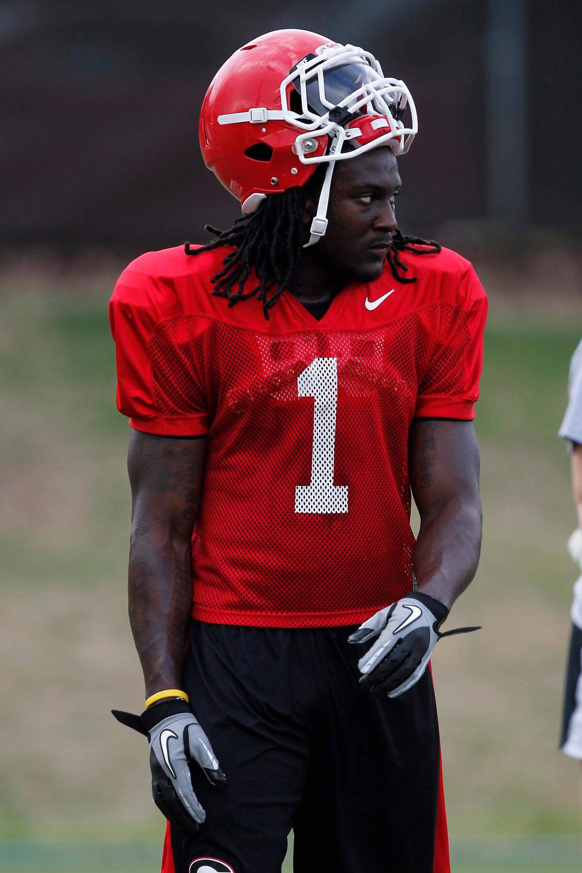 Georgia Bulldogs running back Isaiah Crowell takes a quick breather during spring practice in Athens on March 22, 2012.
