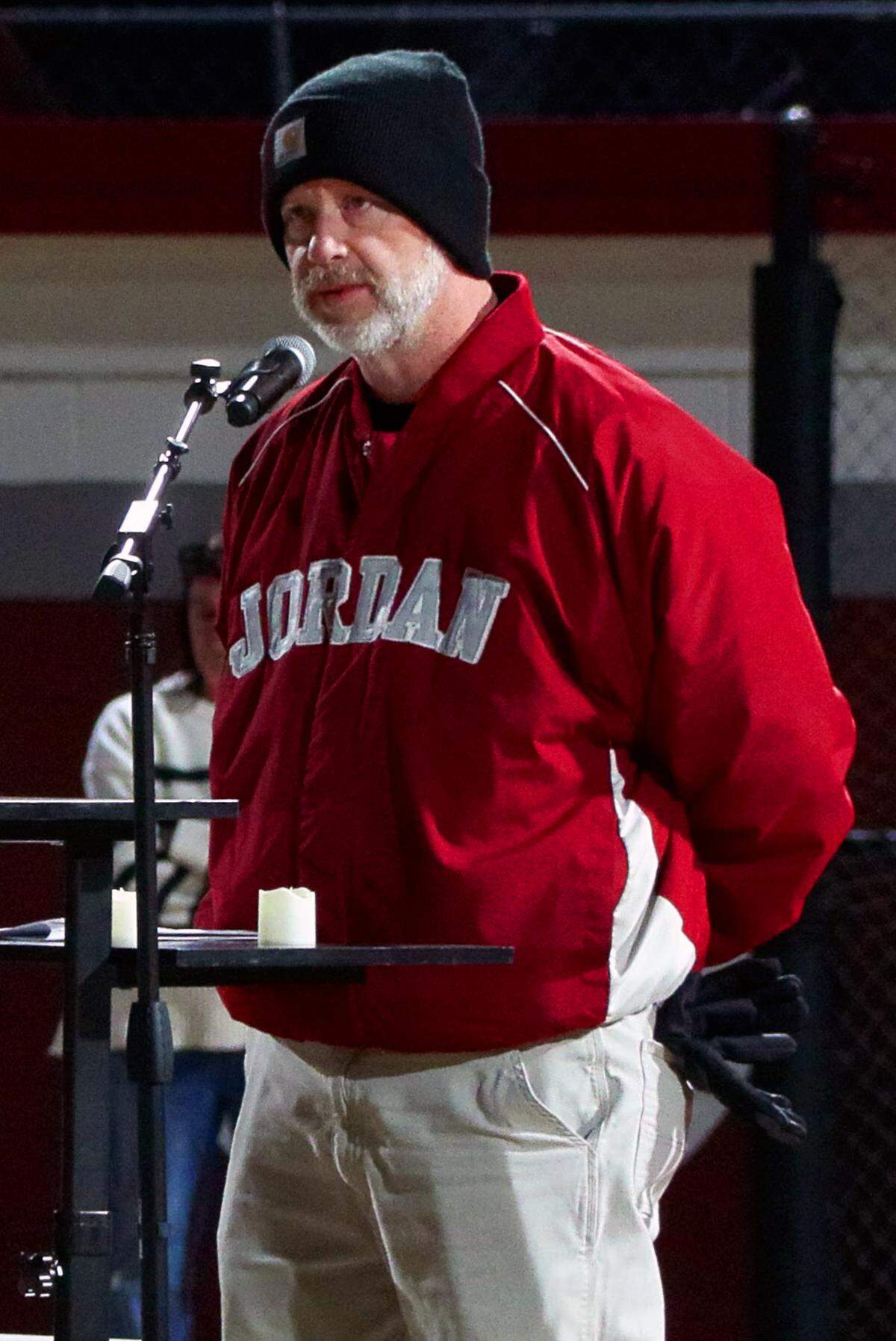 Ryan Hutson, principal of Jordan Vocational High School College and Career Academy in Columbus, speaks during a candlelight vigil Jan. 29, 2026, on the school’s baseball field to honor the life of Tony Dimitri, a former head baseball coach and co-athletics director at Jordan who was the head baseball coach at Harris County High School when he died in an ATV accident Jan. 24.
