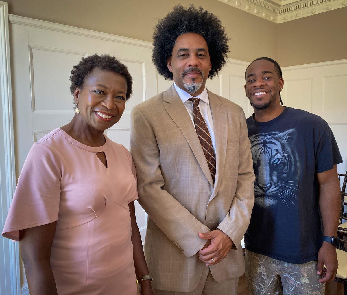 From left, VJ Roberts, Domingo Guyton, and William Oliver pose for a photographer after an interview with the Ledger-Enquirer about the film “Yesterday Today Forever.” 06/03/2026