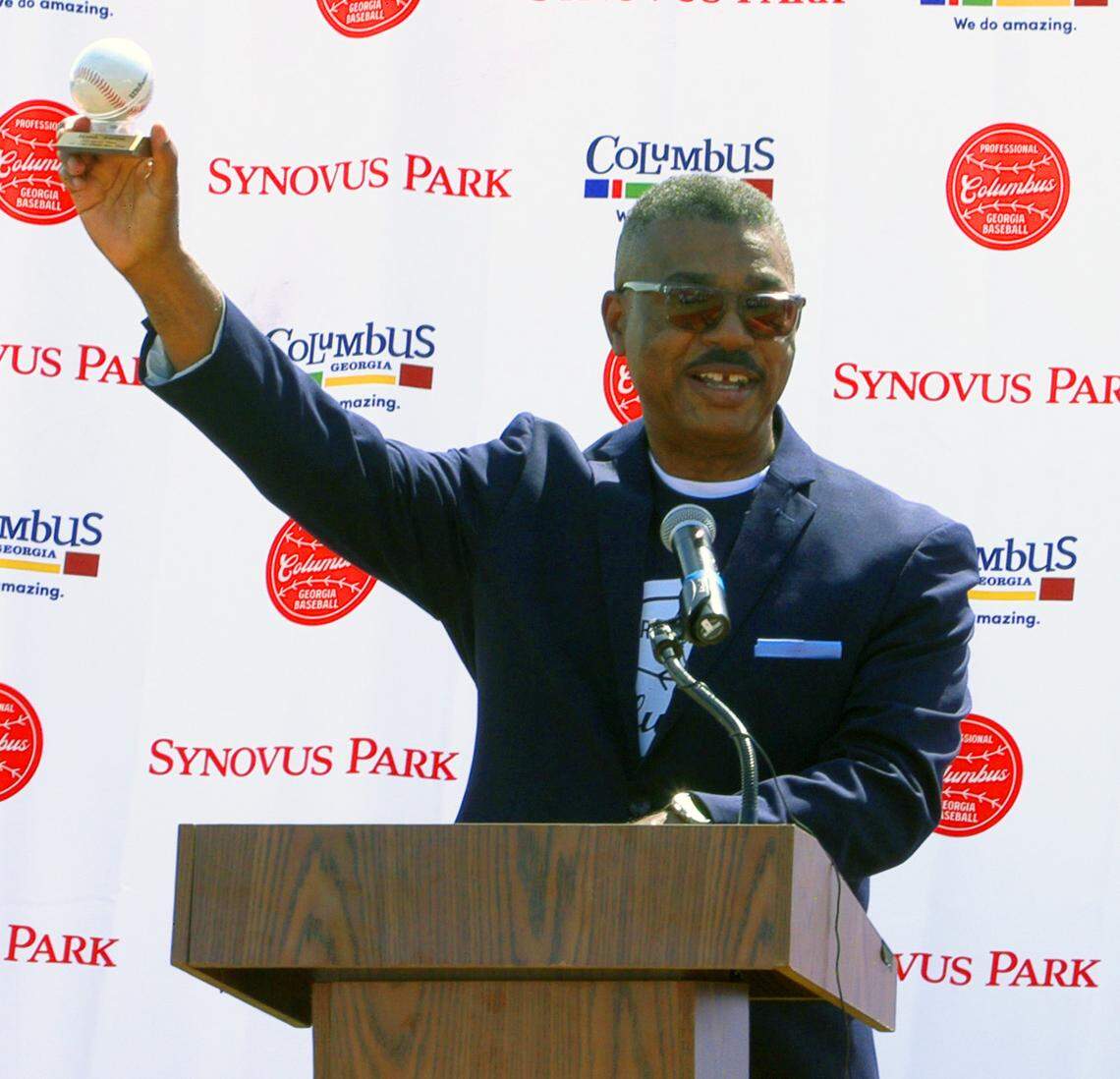 Columbus City Manager Isaiah Hugley speaks at the groundbreaking ceremony Tuesday afternoon at Golden park, now named Synovus Park, in Columbus, Georgia as part of the process of renovating the historic baseball park for the AA affiliate of the Atlanta Braves. 06/11/2024