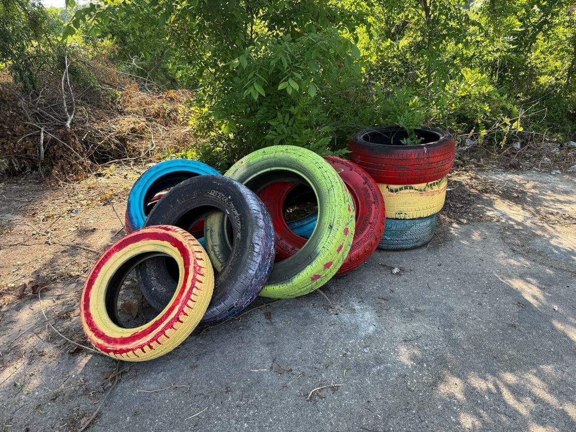 Painted tires sit ready to be repurposed into pollinator gardens at the Warm Springs Road Living Mosaic project site in Columbus, GA. This was taken on April 22, 2026.