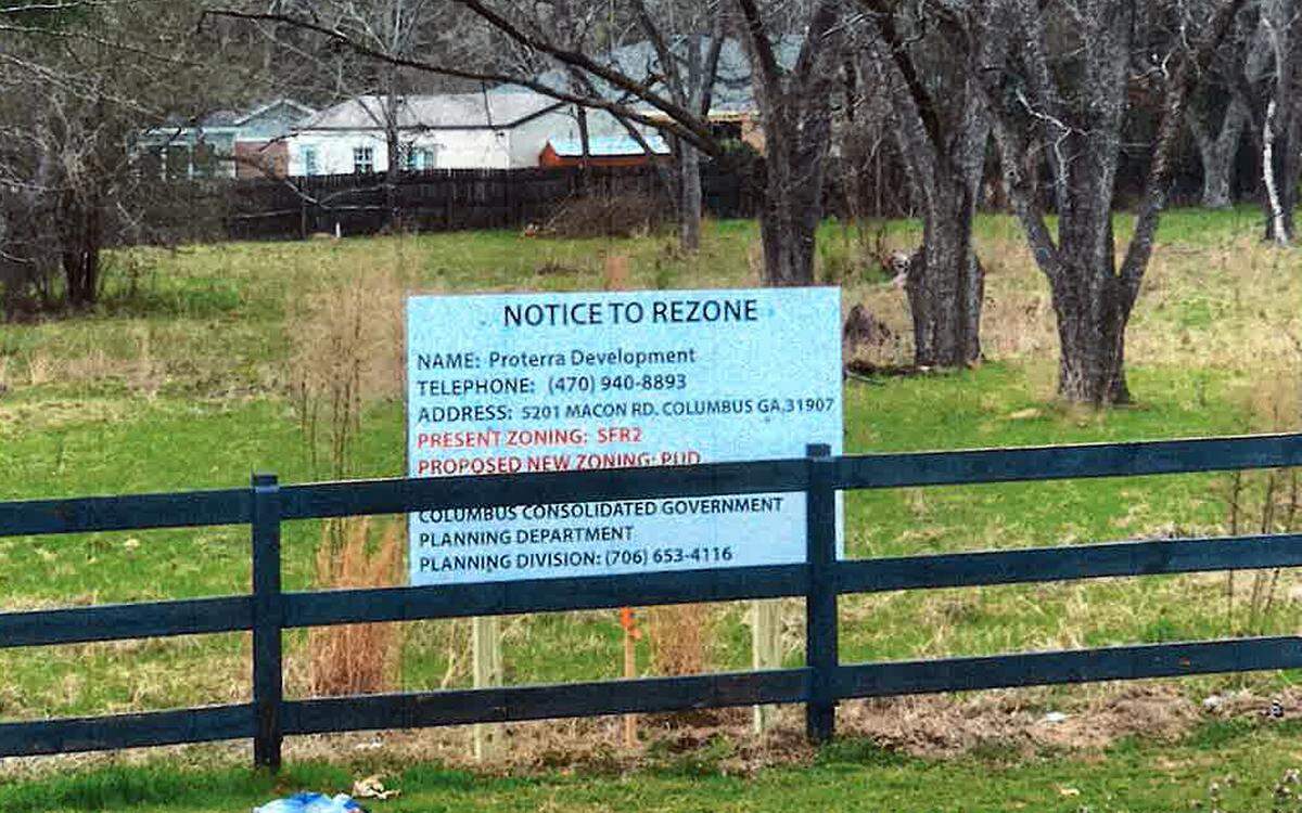This is one the “Notice to Rezone” signs for a proposed development by Proterra Development that would require the rezoning of 115.56 acres of land at 5201 Macon Road in Columbus, Georgia.