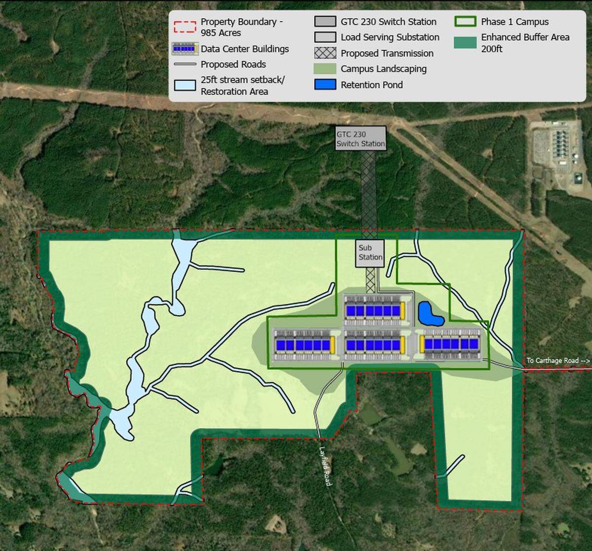 This is a map of where the Project Ruby proposed data center is planned to be located, as of April 9, 2026, on 865 acres in Columbus.