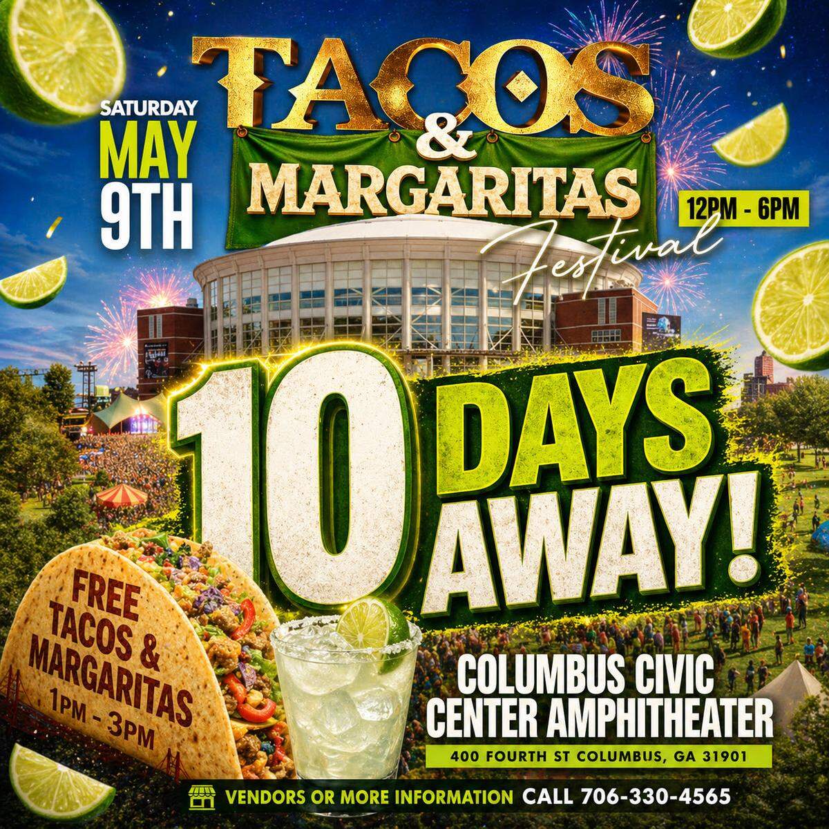 The Columbus Civic Center Amphitheater, 400 Fourth St., will host the Tacos & Margaritas Festival on May 9 from noon to 6 p.m. The event will feature live music and food vendors.