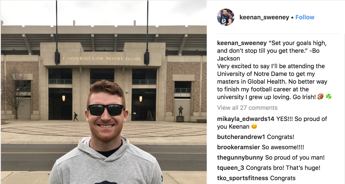 Former Auburn fullback Keenan Sweeney will be a graduate transfer with the Notre Dame Fighting Irish