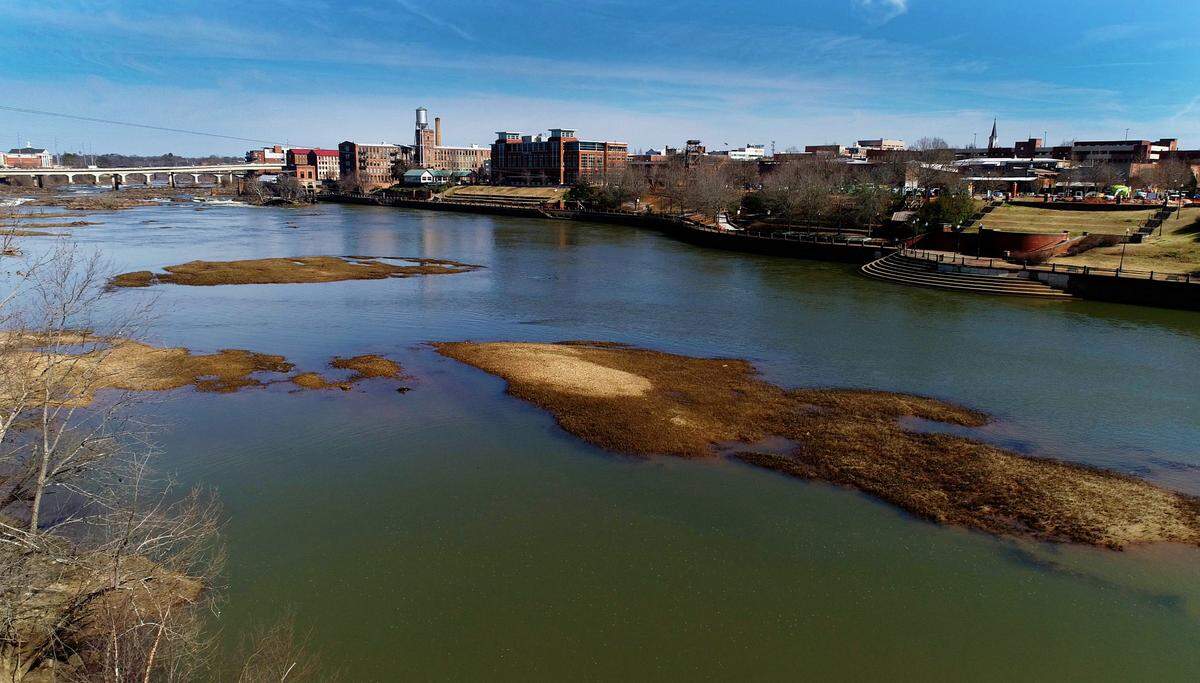 This is a view looking north along the Chattahoochee River as it flows past downtown Columbus, Georgia. 01/31/2022