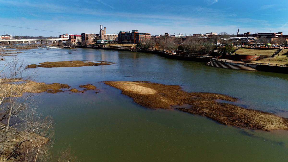 This is a view looking north along the Chattahoochee River as it flows past downtown Columbus, Georgia. 01/31/2022