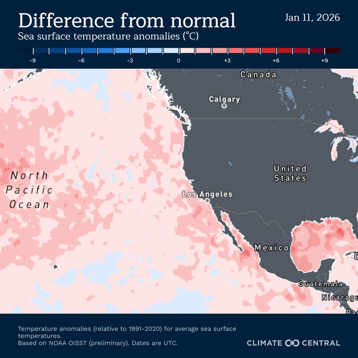 Sea surface ocean temperatures are two to five degrees above normal in the Gulf of America and Northern Pacific Ocean. The Northern Pacific Ocean has been under a marine heat wave for almost a year. These are driving moisture to fuel an ice storm in the South