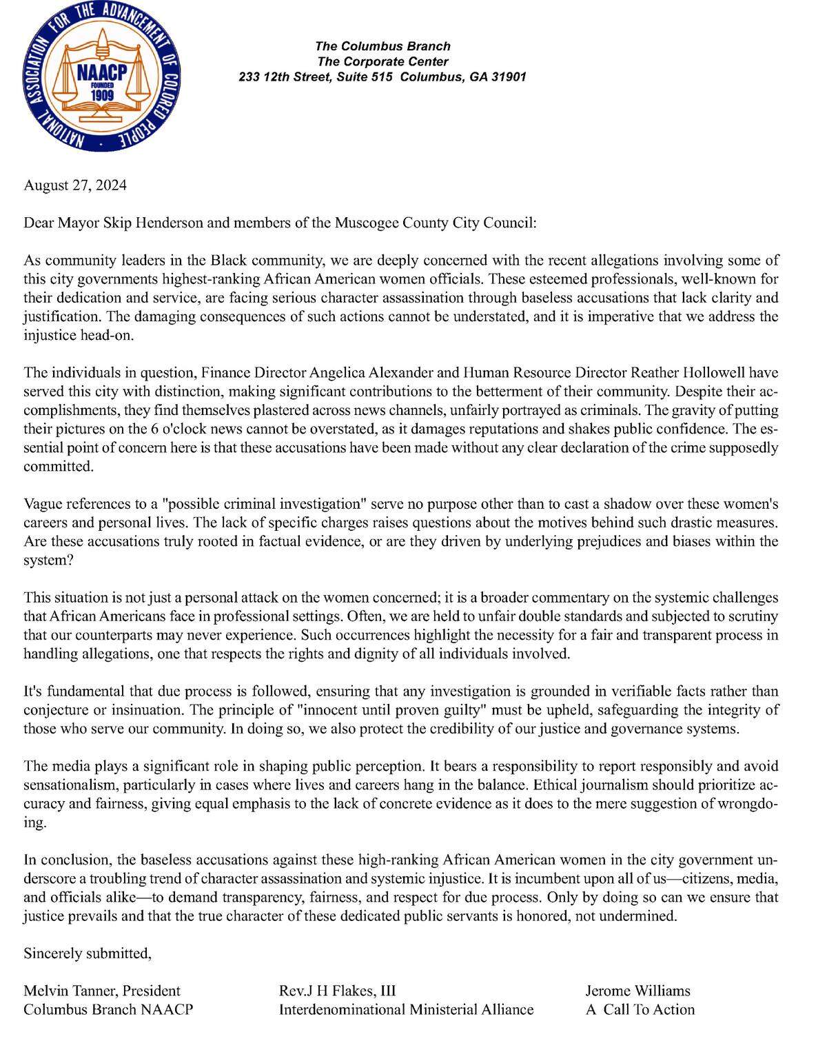 The NAACP, Interdenominational Ministerial Alliance and A Call To Action released a letter in support of Columbus Consolidated Government officials implicated in a possible criminal investigation calling the accusations unfair and “character assassination”.