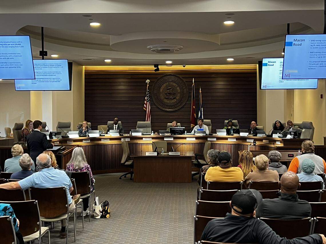 Columbus residents attend a Jan. 7, 2026, Columbus Planning Advisory Commission meeting to speak against a rezoning request for 4937 Macon Road, where a developer wants to build townhomes.