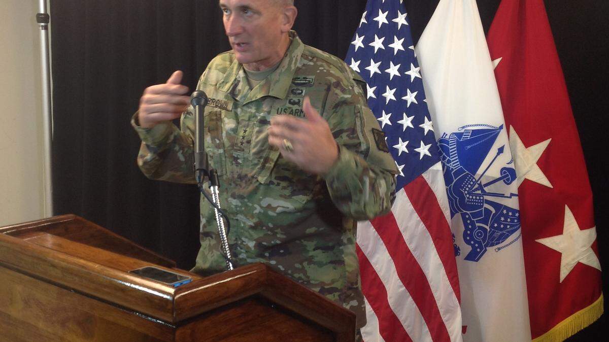 CHUCK WILLIAMS/chwilliams@ledger-enquirer.comLt. Gen. Bob Brown speaks Tuesday during the first day of the Maneuver Warfighter Conference at Fort Benning.