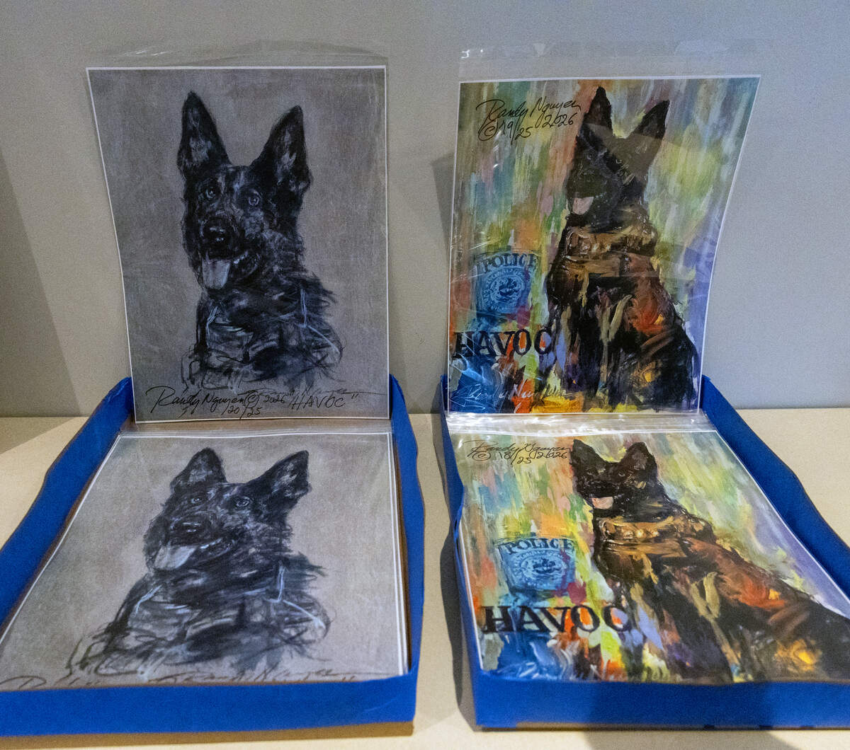 Columbus artists Randy Nguyen’s signed, color prints of his acrylic painting of Columbus K9 Havoc, pictured June 29, 2026, are available for purchase for $50 apiece, and signed black & white prints, from a different charcoal drawing of Havoc, are available for $45 apiece. All proceeds will be donated to the Columbus Police Department for Havoc’s medical expenses and care to recover from a shooting.