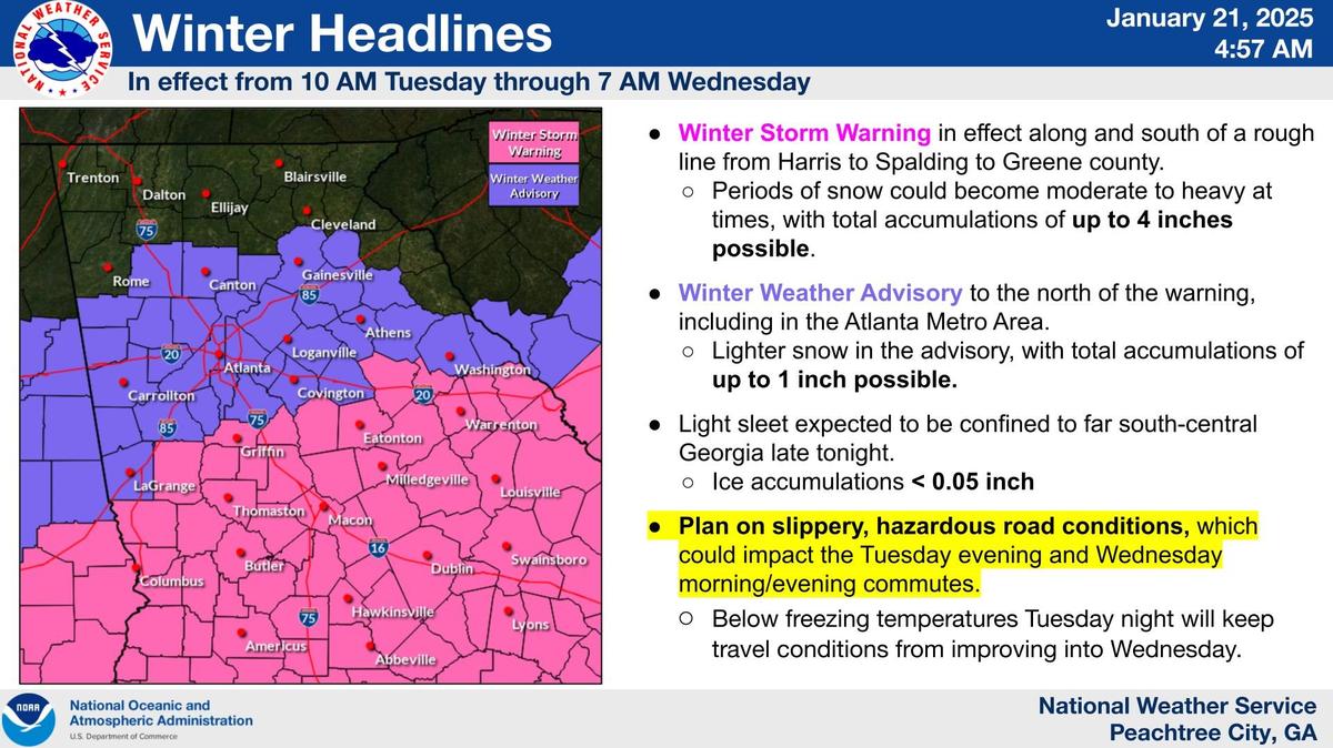 The National Weather Service has issued a Winter Storm Warning for parts of middle and southern Georgia, including Columbus.
